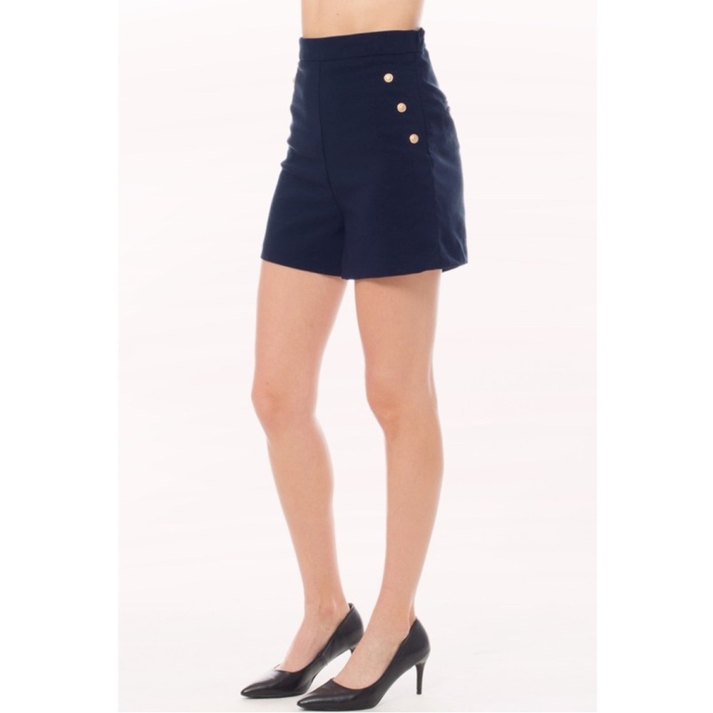 High-Rise Navy Shorts with Gold Button Accents - Picture 5 of 9